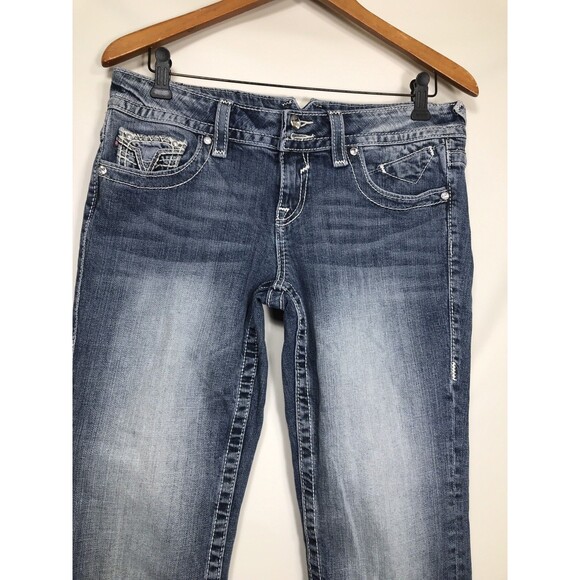 Vigoss Jeans Women junior Size 7  Capri Blue Denim Thick Stitching Jewelled - Picture 3 of 10